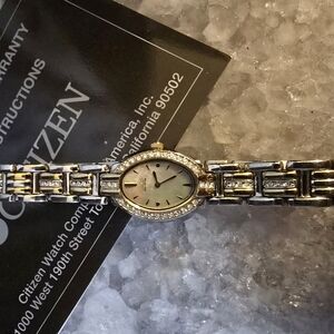 Women's CITIZEN ECHO DRIVE OPALESCENT WATCH SILVER & GOLD w RHINESTONES